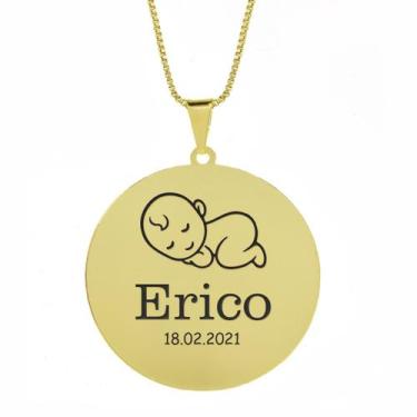 Imagem de Gargantilha Pingente Redondo Personalizado Nome Erico Banhado Ouro 18K