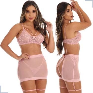 Imagem de Conjunto Lingerie Sensual Sexy 3 Peças Com Calcinha Saia em Tule - Aun