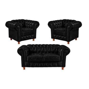 Imagem de Um Sofá 2,00cm + Duas Poltronas Chesterfield Luiz XV - CORANO PRETO - 