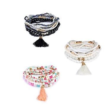 Imagem de Pacote com 3 pulseiras elásticas Boehmia com franjas multicoloridas boho franjas empilháveis conjunto de joias para mulheres e meninas, Metal, Miçangas