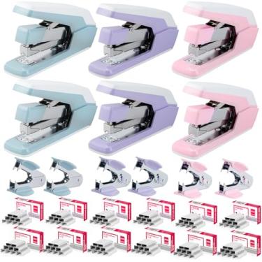 Imagem de Deli Grampeador, grampeador sem esforço para mesa, capacidade de 40 a 50 folhas, resistente, um toque, sem esforço, fácil de carregar, com 1500 grampos e removedor de grampo, pacote com 6, 3 cores