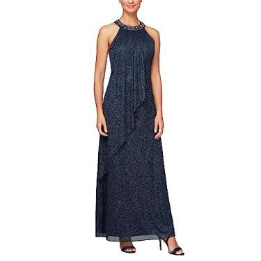 Imagem de S.L. Fashions Vestido formal feminino longo de malha brilhante com decote frente única com contas, convidada de casamento, vestido de formatura, Azul marino, 42