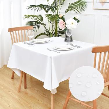 Imagem de Toalha de mesa quadrada de linho sintético rústico resistente à água toalha de mesa branca lavável para uso interno e externo, cozinha, sala de jantar, 137 x 137 cm