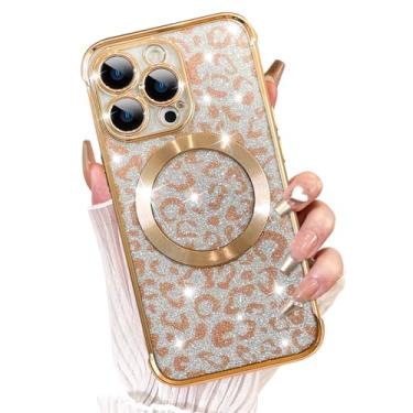 Imagem de Fiyart Capa projetada para iPhone 13 Pro, compatível com MagSafe Cheetah Print Plating Camera Protection Clear Phone Case, estampa de leopardo com glitter magnético para mulheres e meninas 6,1