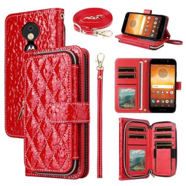 Imagem de Furiet Argyle Capa carteira para Moto E5 Play E 5 Cruise 5E Go com 2 cordões de couro PU de luxo com suporte de zíper bolsa à prova de choque para celular Motorola MotoE5play MotoE5 E5play vermelho