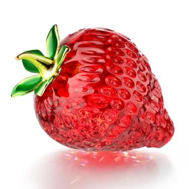 Imagem de AMYFAY Ornamento de cristal de morango, estátua colecionável de morango vermelho, acessório de decoração de frutas artificiais de vidro soprado à mão, ornamentos de mesa para decoração de artesanato