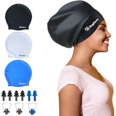 Imagem de Touca de natação feminina extra grande para tranças e dreadlocks, touca de natação de silicone para manter o cabelo seco para extensões de cabelo longo, touca de banho à prova d'água, pacote com 3