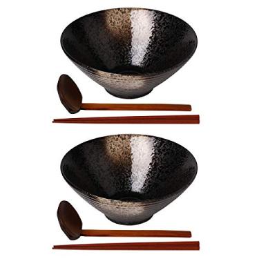 Imagem de Conjunto de tigelas de ramen japonesas de cerâmica Kanwone, tigelas de sopa – 94 onças, com colheres combinando e palitos para macarrão asiático Udon Soba Pho, conjunto com 2, preto