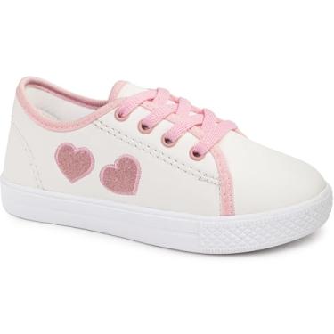 Imagem de Tênis Infantil Feminino Casual com Corações, Menina Garota, Escola School, Rosa Pink e Rosa Claro, Cadarço, Leve Macia Confortável (135-Branco-31)