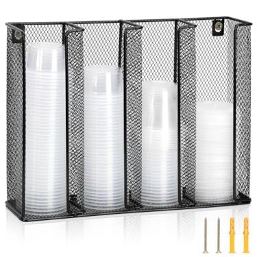 Imagem de Organizador de tampa de copo de molho de porção preta, 4 compartimentos, dispensador de copo de ferro para montagem na parede, organizador de copo e tampa serve para copos de 5 a 155 g para balcão de