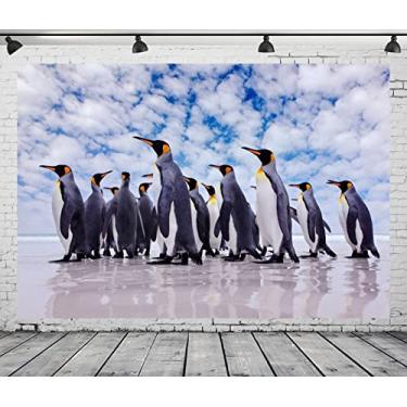 Imagem de CORFOTO Pano de fundo fotográfico de pinguins de 3 x 2 m, fundo de vida selvagem da Antártica, decorações de colônia de pinguins, decoração de festa de aniversário infantil para chá de bebê, sessão de