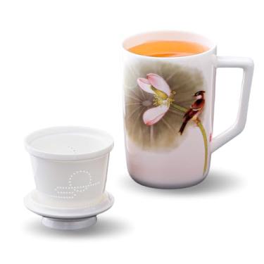 Imagem de Xícara de chá de cerâmica com infusor e tampa, caneca de 440 ml para folhas soltas, xícara de café de design fino e leve, xícara de leite de porcelana para escritório em casa, presente para amantes de