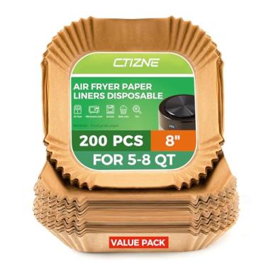 Imagem de Ctizne Forros de fritadeira de ar descartáveis: 200 peças de forro quadrado de papel pergaminho de 20 cm, folhas de papel de cozimento antiaderentes à prova de óleo para cesta de airfryer de 5-8 QT