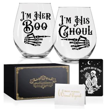 Imagem de Perfectinsoy Conjunto de 2 taças de vinho I'm Her Boo com cartão de metal, design de tema gótico de caveira, presentes de casamento de aniversário, presentes de casal para namorado, namorada, Dia dos