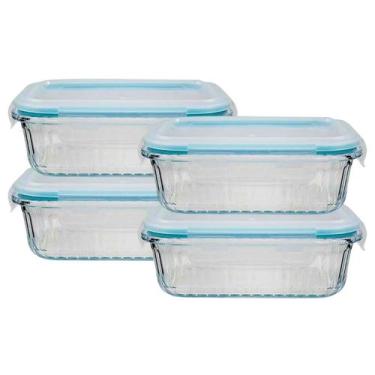 Imagem de Tigela Vidro 370ML Retangular Fitness Canelado Lancheira 4Un - Belo Vi