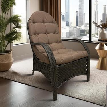 Imagem de Cadeira Fixa Com Almofada Poltrona Descanso Ergonômica para Varanda Área Externa Junco Espuma Macia Tecido Impermeávl (Bege)