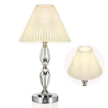 Imagem de Abajur de mesa recarregável com regulador de toque, lâmpada acrílica sem fio com 4400 mAh operada por bateria, brilho de 3 níveis, cortina de tecido de linho plissada, luminária de mesa portátil sem