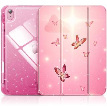 Imagem de Capa INFILAND compatível com iPad A16 11ª ger. 2025 11”, iPad 10ª ger. 10,9”, com glitter, parte traseira transparente brilhante, suporte de lápis, infantil/meninas, rosa/borboletas (Pink Flutter)