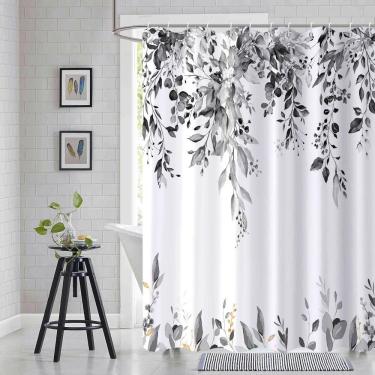 Imagem de Cortina de chuveiro Caheansi em preto e branco com folhas de eucalipto