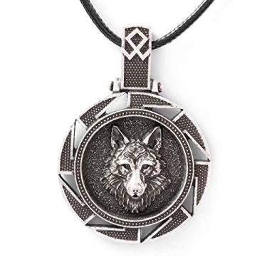 Imagem de Colar de lobo HAQUIL, pingente de medalhão de cabeça de lobo eslavo Kolovrat, cordão de couro falso, presente de joias de lobo