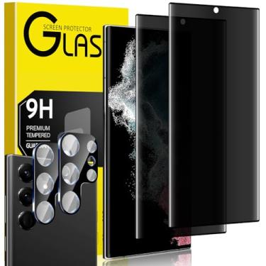 Imagem de [Pacote com 2 + 2] Protetor de tela de privacidade para Galaxy S23 Ultra (6,8 polegadas) com protetor de lente da câmera, vidro temperado 9H, sem suporte para impressão digital, curvo 3D, filme