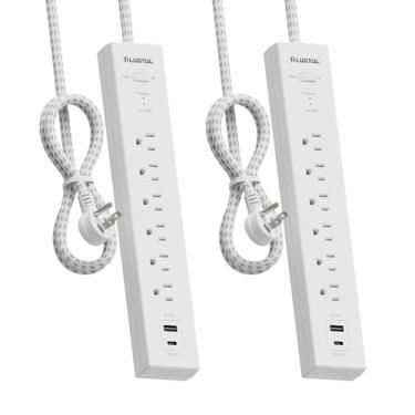 Imagem de PLUGTUL Pacote Com 2 Protetores De Surtos, Cabo De Extensão De 6 Pés Com 6 Tomadas E 2 Portas Usb (Pd 20 W), Filtro De Linha Com Plugue Plano 980 J, Proteção Contra Sobrecarga E Suporte De Parede Pa