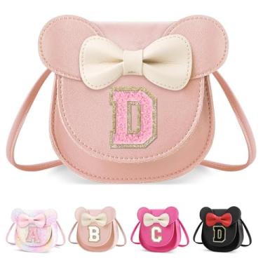Imagem de XSUIOY Bolsa infantil para meninas, presente de aniversário para crianças, bolsa infantil com inicial personalizada, lindo laço de orelha, presente de menina, Pequeno-rosa-rosa, D, D