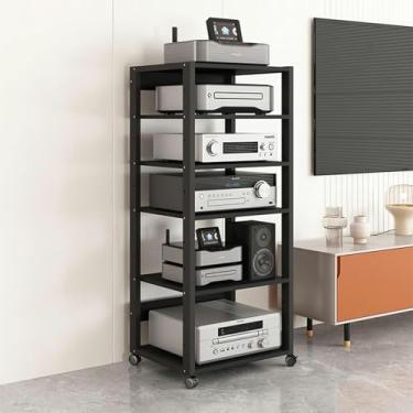 Imagem de LGEOELIAS Suporte de mídia de 5/6/7 níveis de áudio para leitor de CD, armário de armazenamento de componentes estéreo com prateleira de madeira ajustável em altura para casa/escritório/teatro, 50 x