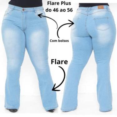 Imagem de Calça Flare Jeans Feminina Plus Size Clara cintura alta boca larga lyc