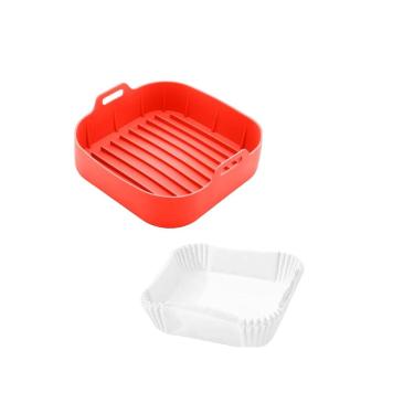 Imagem de Kit Forma Quadrada Silicone 50 Folhas Descartável AirFryer