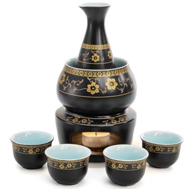 Imagem de Foraineam Conjunto de saquê de cerâmica com panela mais quente, cerâmica de porcelana estilo japonês, conjunto de 7 peças com 1 fogão de vela, 1 tigela de aquecimento, 1 garrafa de saquê, 4 xícaras de