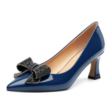 Imagem de Heisnemca Sapatos femininos de salto alto envernizado fechado bico fino laço médio stiletto sapatos sem cadarço para festa de casamento 6 cm, Patente azul marinho, 36