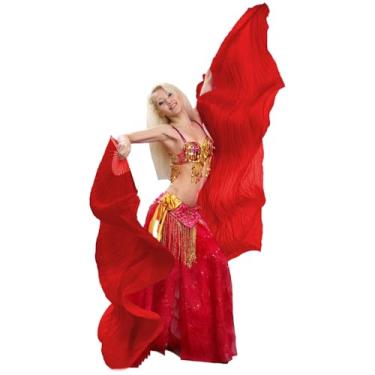 Imagem de Leemiman Par de véus profissionais para fãs de dança do ventre (esquerda + direita), véus de leque de seda sintética de 180 x 90 cm para apresentações de dança oriental (vermelho)