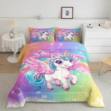 Imagem de Feelyou Jogo de cama infantil fofo de unicórnio para meninos, meninas, adolescentes, conjunto de edredom com glitter, decoração de animal fofo, edredom com estampa de arco-íris e cavalo sonhador