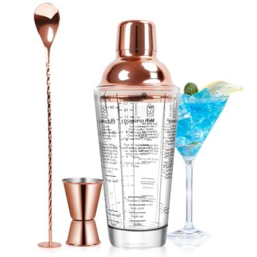 Imagem de SAVORLIVING Conjunto De Coqueteleira Vidro 14 Oz, Misturador E Para Margarita Com Coador Embutido, Medidor Colher Mistura, Kit Profissional Ferramentas Bar Iniciantes (Cobre Rosa, 3 Peças)