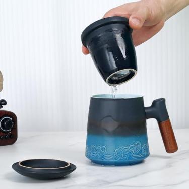 Imagem de Xícara de chá de cerâmica de 440 ml com infusor, xícara de infusor, xícaras de chá de infusão com infusor e tampa, xícara de chá de cerâmica com padrão artístico em relevo, caneca de infusão de malha