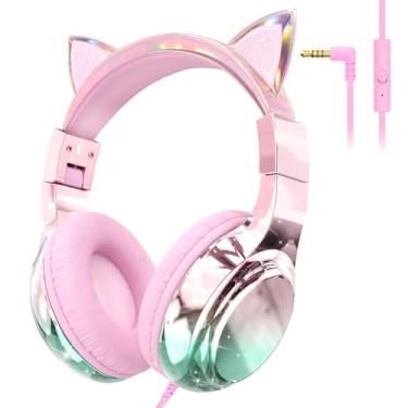 Imagem de QearFun Fones de ouvido infantis de gato com cabo para meninas com microfone, limitador de volume seguro de 85/94 dB, porta compartilhada, fone de ouvido com fio brilhante dobrável para escola, viagem