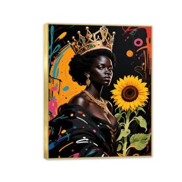 Imagem de SDYJ6GSW Pintura artística de parede de mulher africana pôsteres e impressão mulher negra girassol abstrato imagem em tela para sala de estar decoração de casa moldura 80 x 60 cm (32 x 24 pol.)