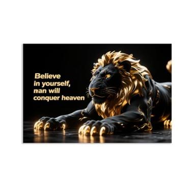 Imagem de Tela inspiradora arte de parede animal pôster motivacional preto e dourado rei leão dominador presentes de incentivo inspirador para homens imagem de afirmações positivas 90 x 60 cm (36 x 24 polegadas