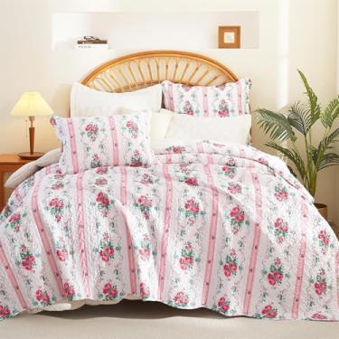 Imagem de Cmfshape Conjunto de colcha com listras florais tamanho king, 3 peças, colcha leve de microfibra, roupa de cama acolchoada rosa para todas as estações, conjunto de cama reversível com 2 fronhas, 102 x
