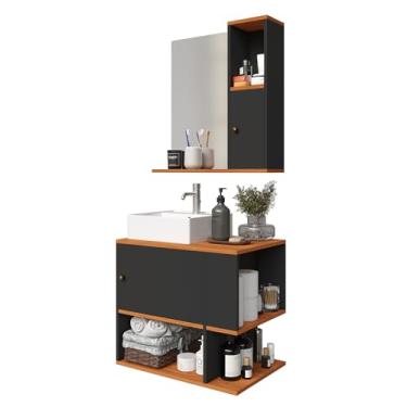 Imagem de Conjunto Armário De Banheiro Beauty Luxo Gabinete Com Cuba Apoio Sobrepor Pia E Espelheira (Preto Freijó)