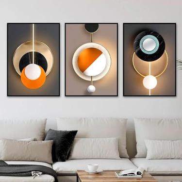 Imagem de Kit com 3 Quadros Decorativos 70x50 cm Abstrato Colagem Circulos com Moldura Caixa Preta, na posição Vertical ideal para ambiente de Sala, Quarto e Hall