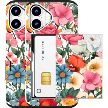 Imagem de MUQR Capa compatível com iPhone 16 Plus com porta-cartão fofo - Design Kawaii, proteção contra quedas de nível militar, capa carteira robusta para mulheres (branco, rosa, várias flores)