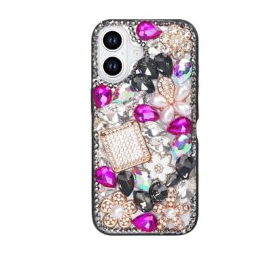 Imagem de Losin Compatível com iPhone 16e Bling Case para mulheres meninas bonito luxo 3D glitter diamante cristal strass brilhante pedra preciosa frasco de perfume brilhante e capa de flor TPU macio, preto