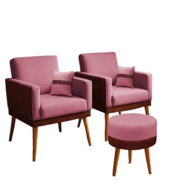 Imagem de Kit 02 Poltronas para Sala Decorativa Lis com Almofada e Puff Redondo Corino Peroba e Suede Aninha Decor (Rosê)