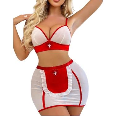 Imagem de PARUPRUP Conjunto de lingerie feminina de enfermeira, 3 peças, sexy, transparente, roupa de fantasia com tanga (branco, M)