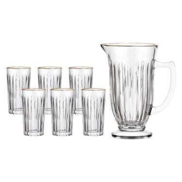 Imagem de Kit Jarra 6 Copos de Vidro Com Borda Dourada LilaHauskraft