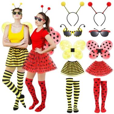 Imagem de Maiteenly 10 Pcs Halloween Bee and Ladybug Costume Set for Adults Include Tutu Skirt Wings Headband Glasses Knee High Socks for Women Bug Insect Party Halloween Cosplay Ladybug Bee Accessories