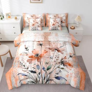Imagem de Conjunto de cama casal com flores florais laranjas, 7 peças, conjunto de edredom com pintura a óleo abstrata, floral, rústico, casa de fazenda, ombré, laranja, cinza, design para adultos
