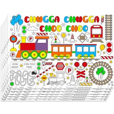 Imagem de WEBEEDY 30 folhas para colorir DIY com tema de trem, tapetes de desenho ferroviário de 15,7 x 28 cm, tapetes de papel para atividades de colorir para casa, cozinha, mesa de jantar, decoração de festa